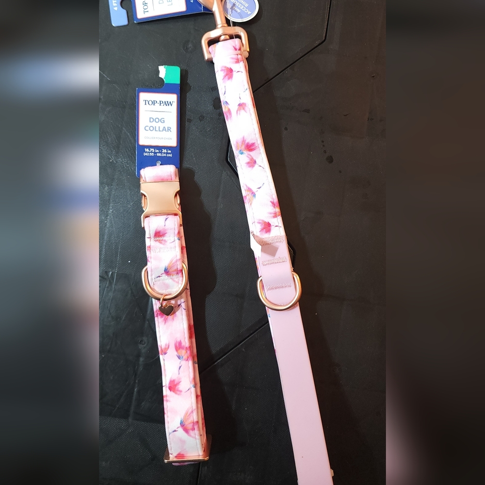 Top Paw Pink and Rose Gold Floral Dog Leash And Collar Set